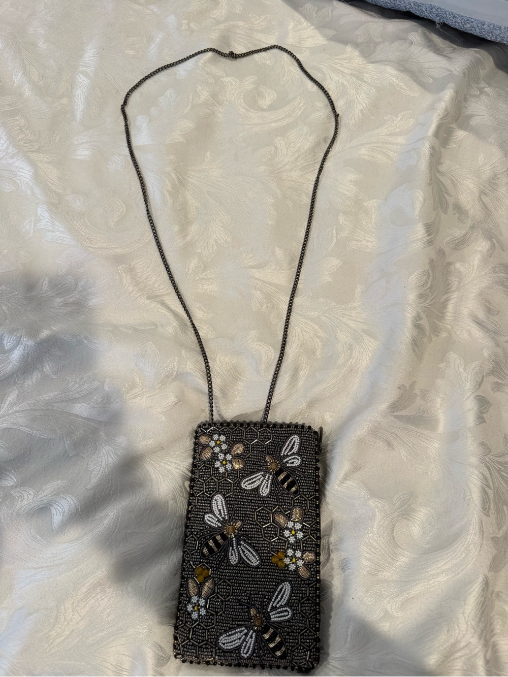 Mary Frances Black Beaded Bee Crossbody with Gold and White Accents